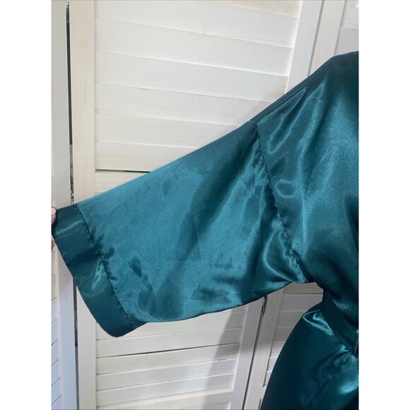 Vintage Dentelle Green Satin Full Length Robe Tie Waist Silky Bath Medium - Picture 3 of 9